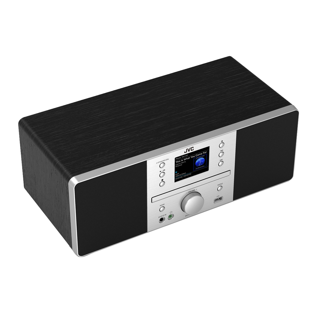 Czarno-srebrne radio JVC. Ma mały ekran i przyciski sterowania. Góra i boki są czarne, przód srebrny.