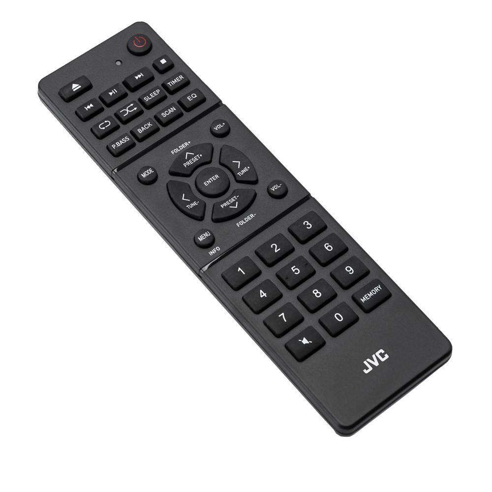 Czarny pilot JVC z przyciskami zasilania, głośności, numerów i funkcji. Pilot na białym tle.