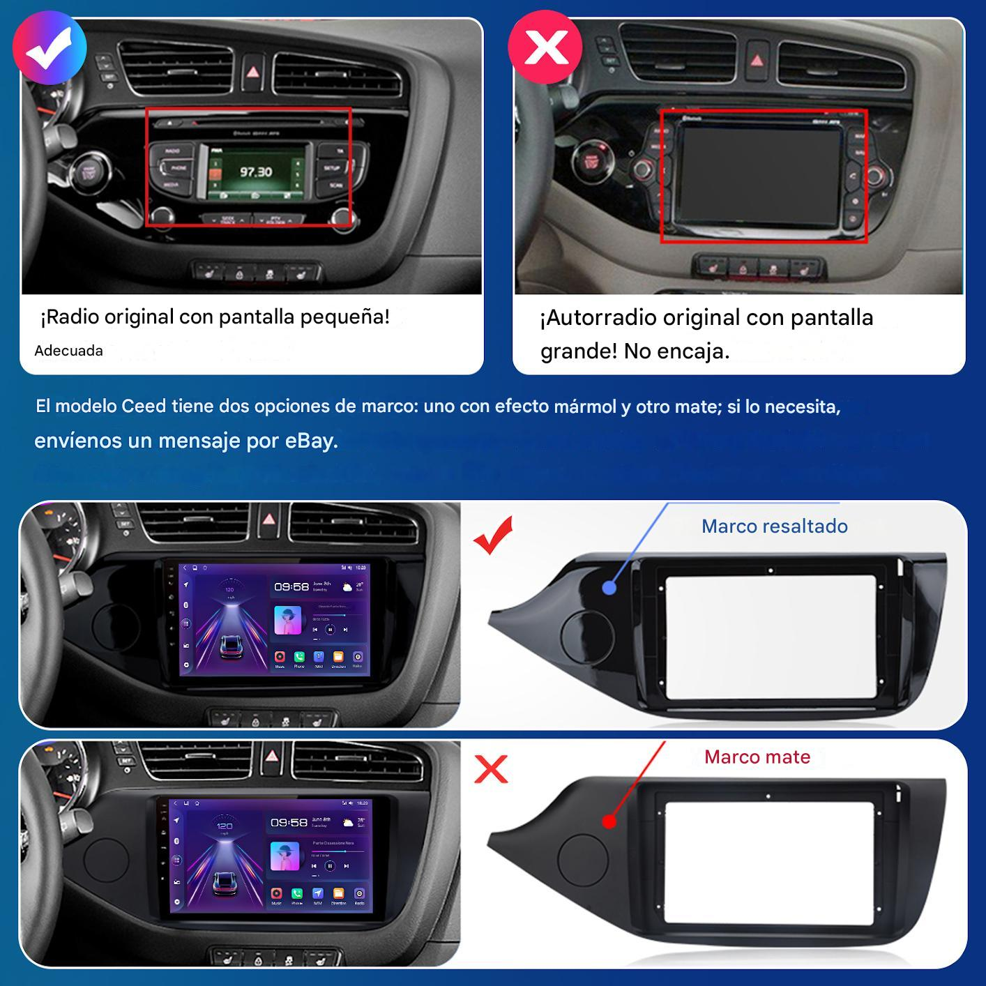 Panel del coche que muestra dos opciones de radio: pantalla pequeña con 97.30 y pantalla grande. También se muestran dos opciones de marco.
