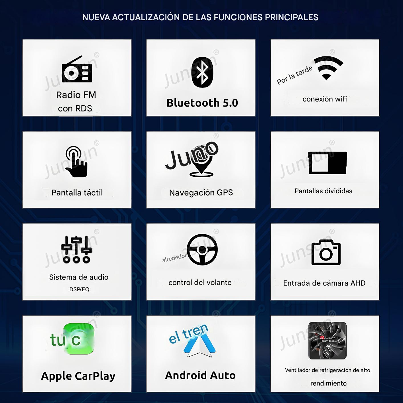 La imagen muestra funciones multimedia del coche: radio, Bluetooth, WiFi, pantalla táctil, GPS, pantalla dividida, audio, control volante, cámara, CarPlay, Android Auto.