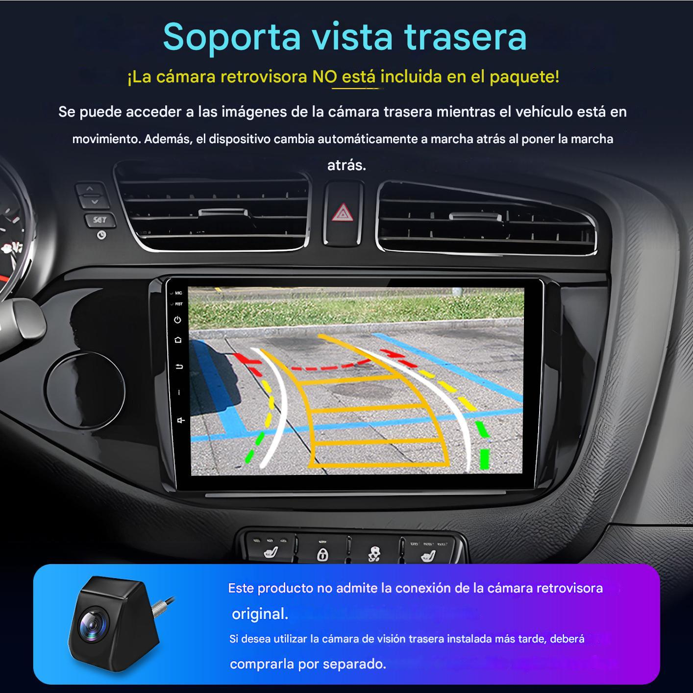 Panel del coche con pantalla mostrando vista de aparcamiento. Incluye cámara, y texto explicando sus funciones y que la cámara no está incluida.