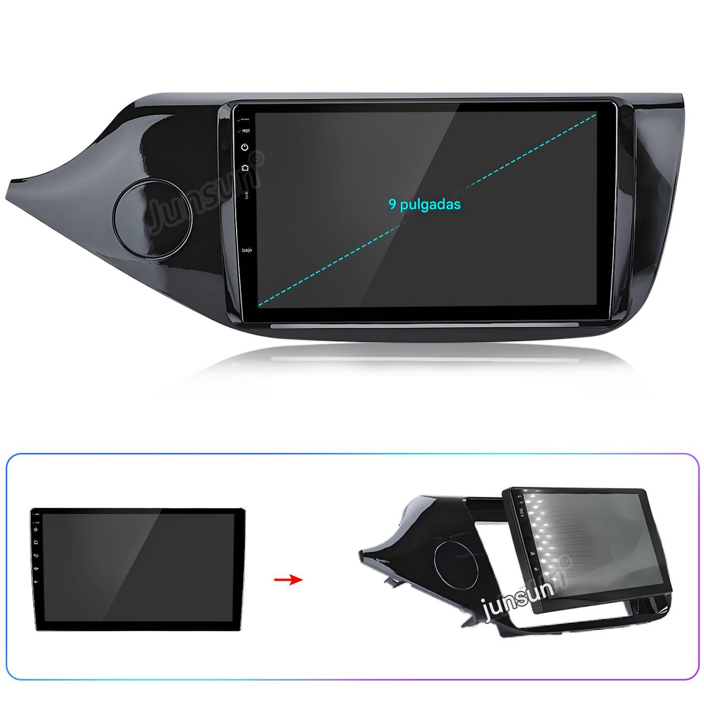 Un estéreo de coche con una pantalla grande, la pantalla es negra, con algunos botones en el lateral. El estéreo es negro brillante.