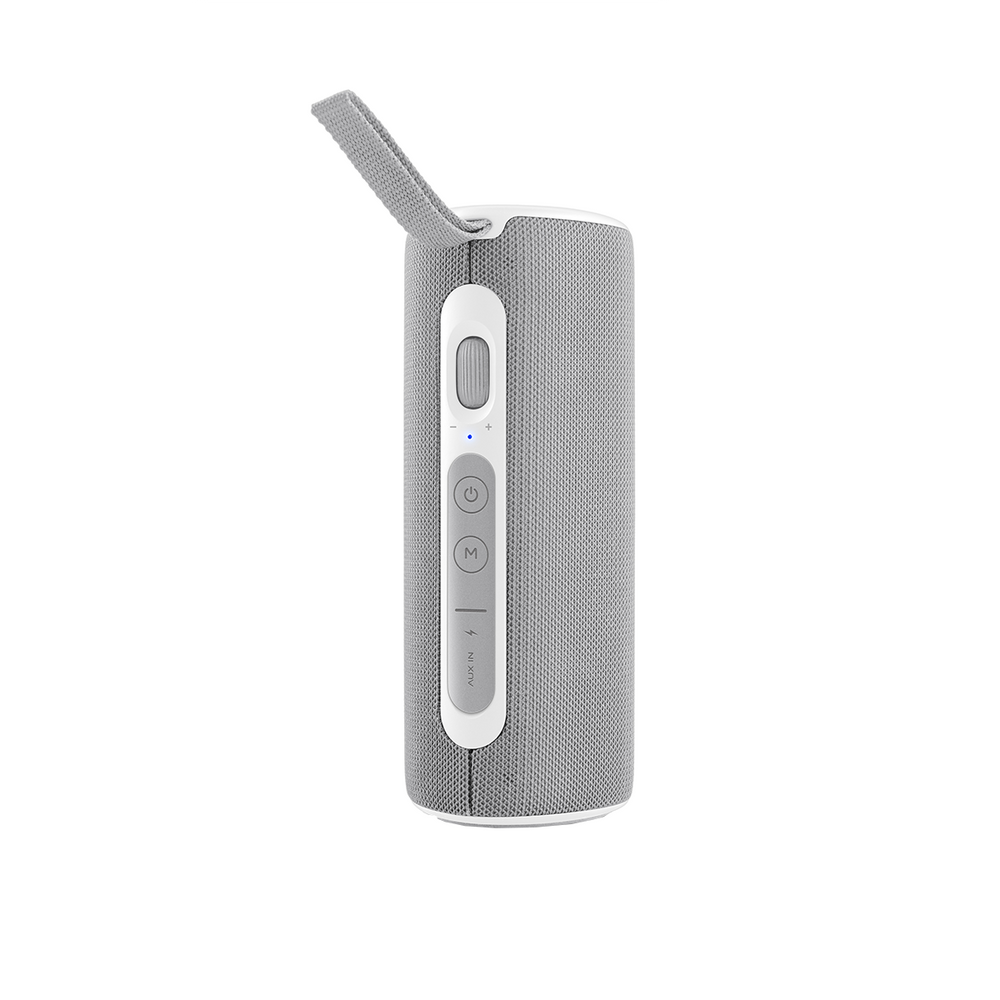 Un altoparlante cilindrico grigio con un pannello di controllo bianco e un cinturino grigio. I pulsanti includono accensione, volume e modalità.