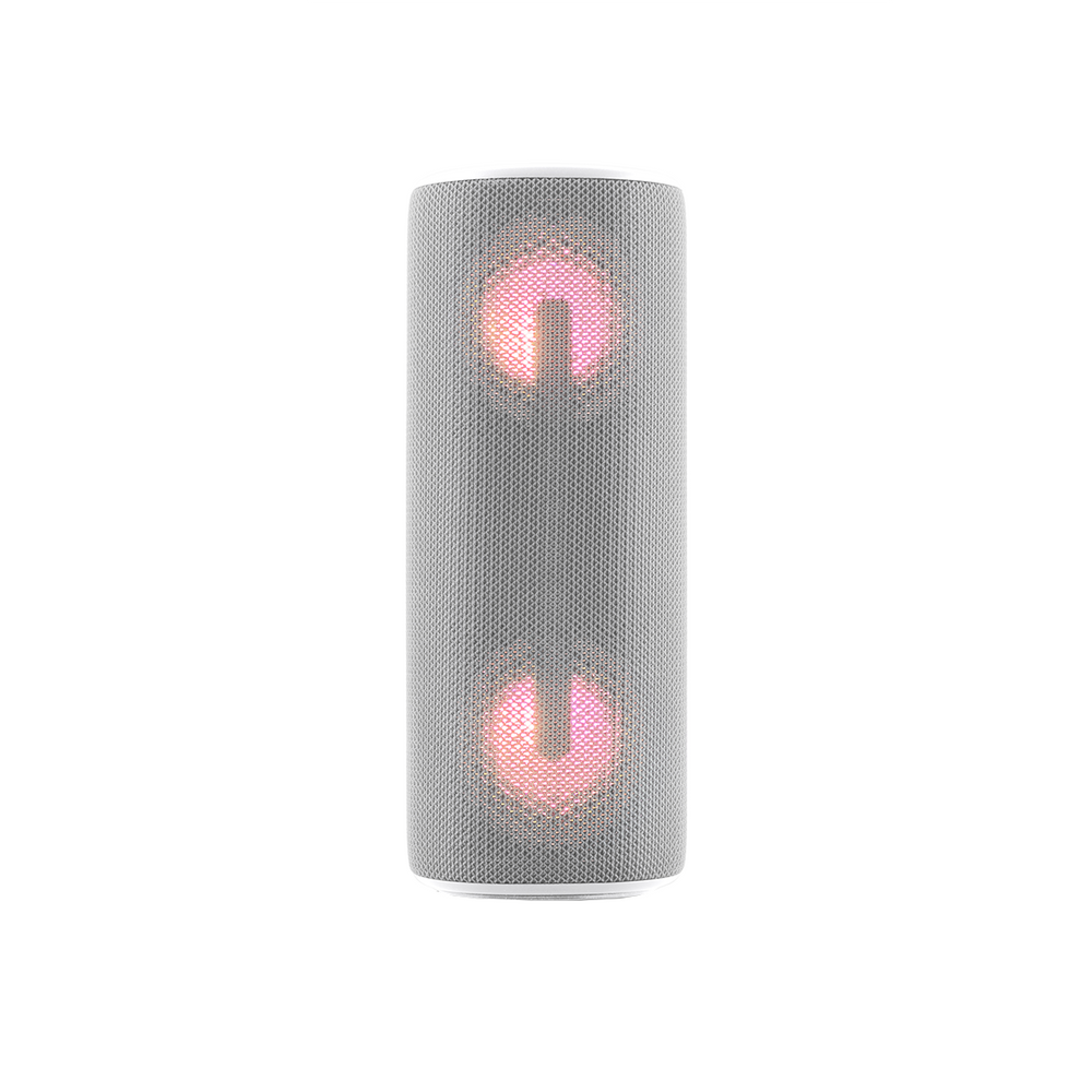 Un altoparlante cilindrico grigio con luci rosa a forma di pulsante di accensione, in alto e in basso. Parte superiore e base bianche, su sfondo bianco.