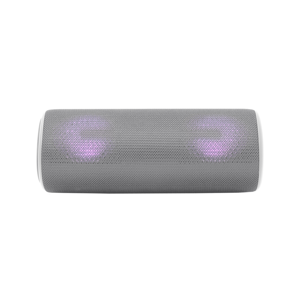 Un altoparlante grigio cilindrico con sezioni viola illuminate, su sfondo bianco. Vista dall'alto.