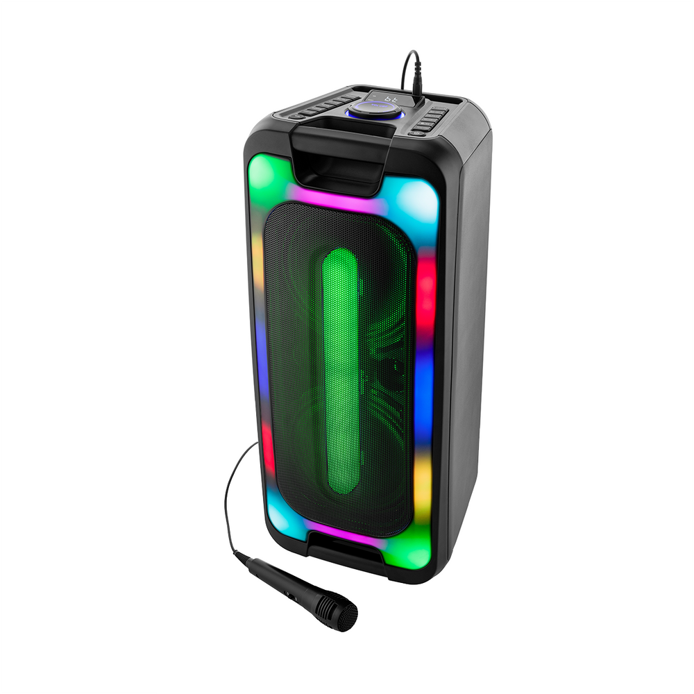 Czarny głośnik z kolorowymi światłami i mikrofonem. Głośnik ma siatkowy przód i panel sterowania na górze.