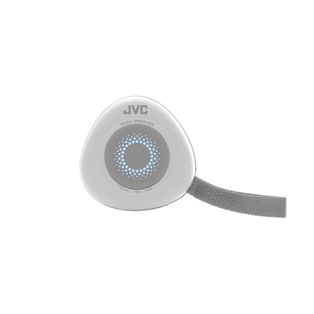 Un dispositivo bianco JVC con funzionamento touch e cinturino grigio. Ha un centro circolare con un motivo di luce blu e simboli di controllo.