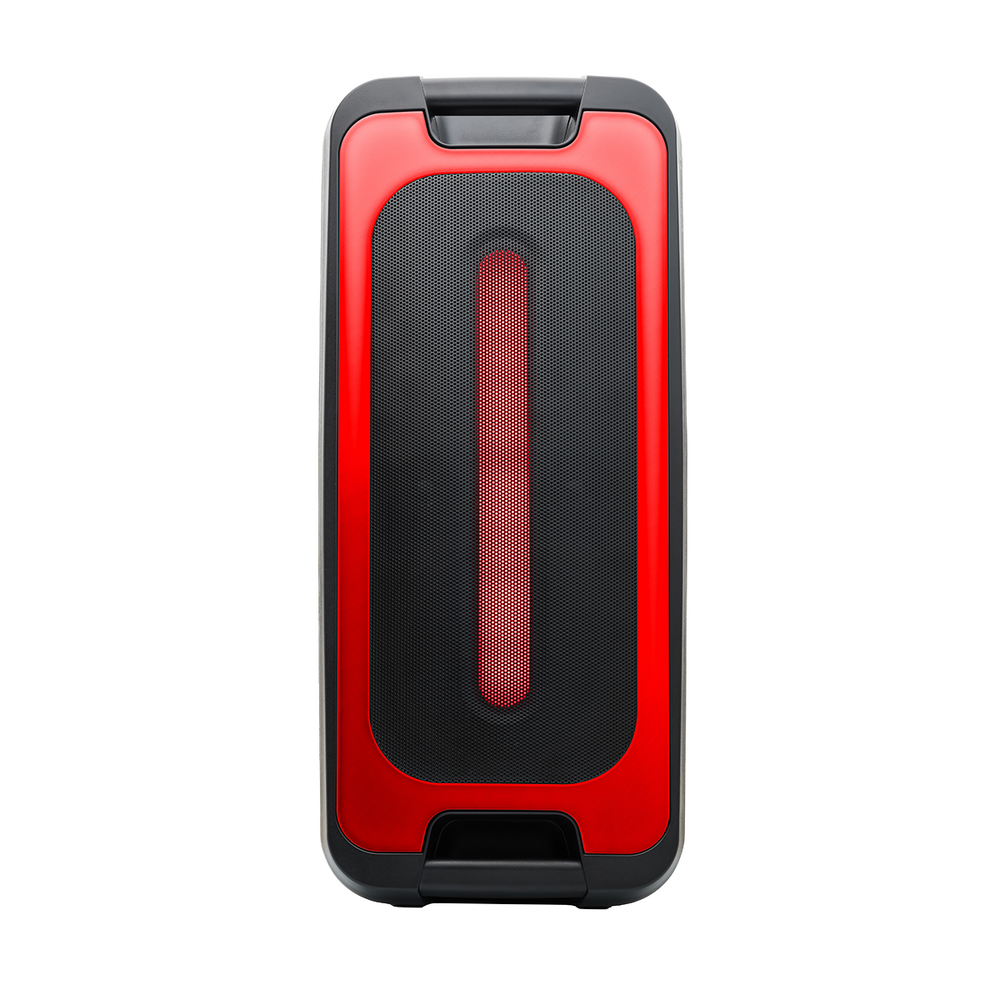 Czerwony i czarny głośnik, o prostokątnym kształcie. Posiada centralny czarny panel z siatki z czerwonym pionowym paskiem.