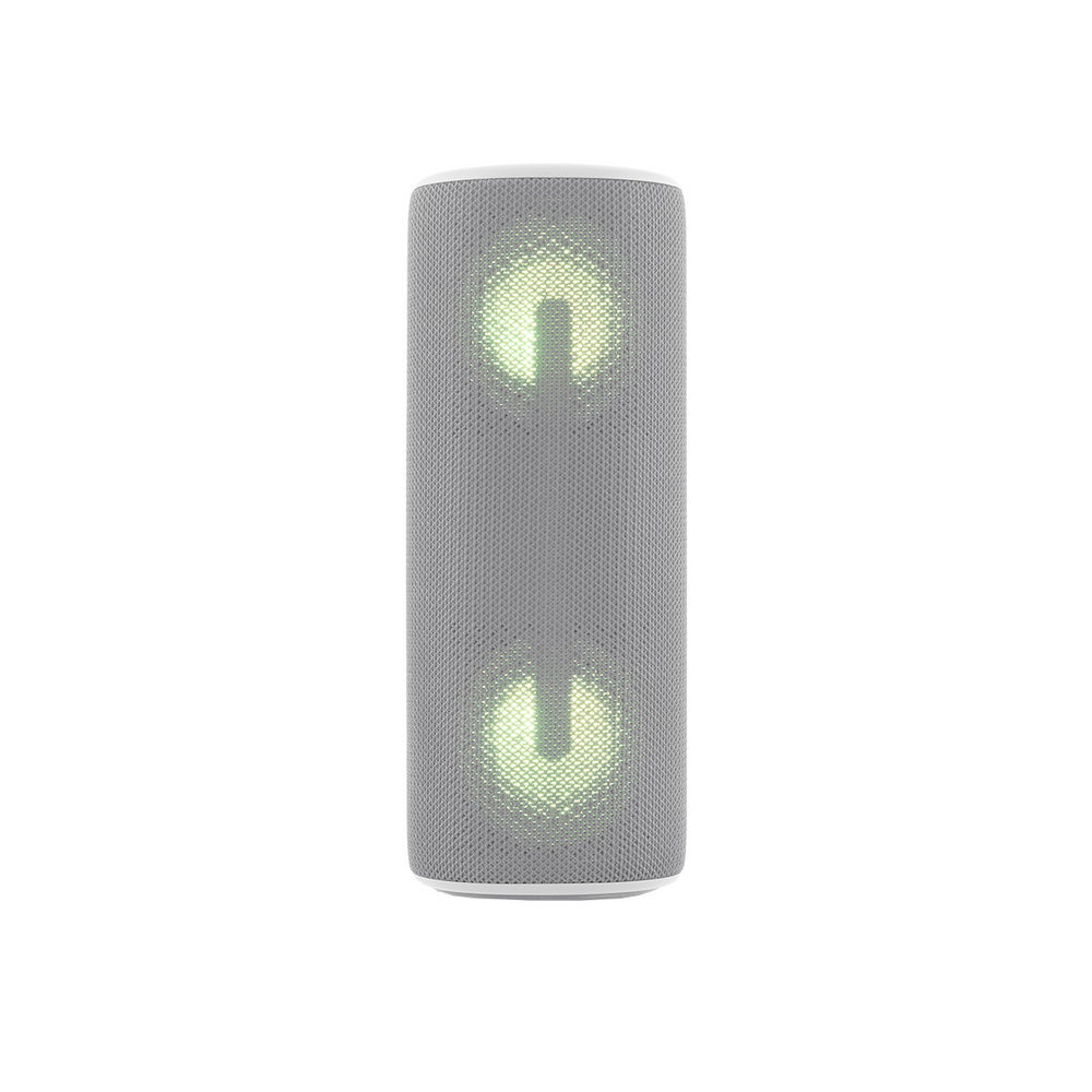 Un altoparlante cilindrico grigio con parte superiore e inferiore bianche. Sono visibili due simboli di accensione verdi luminosi.