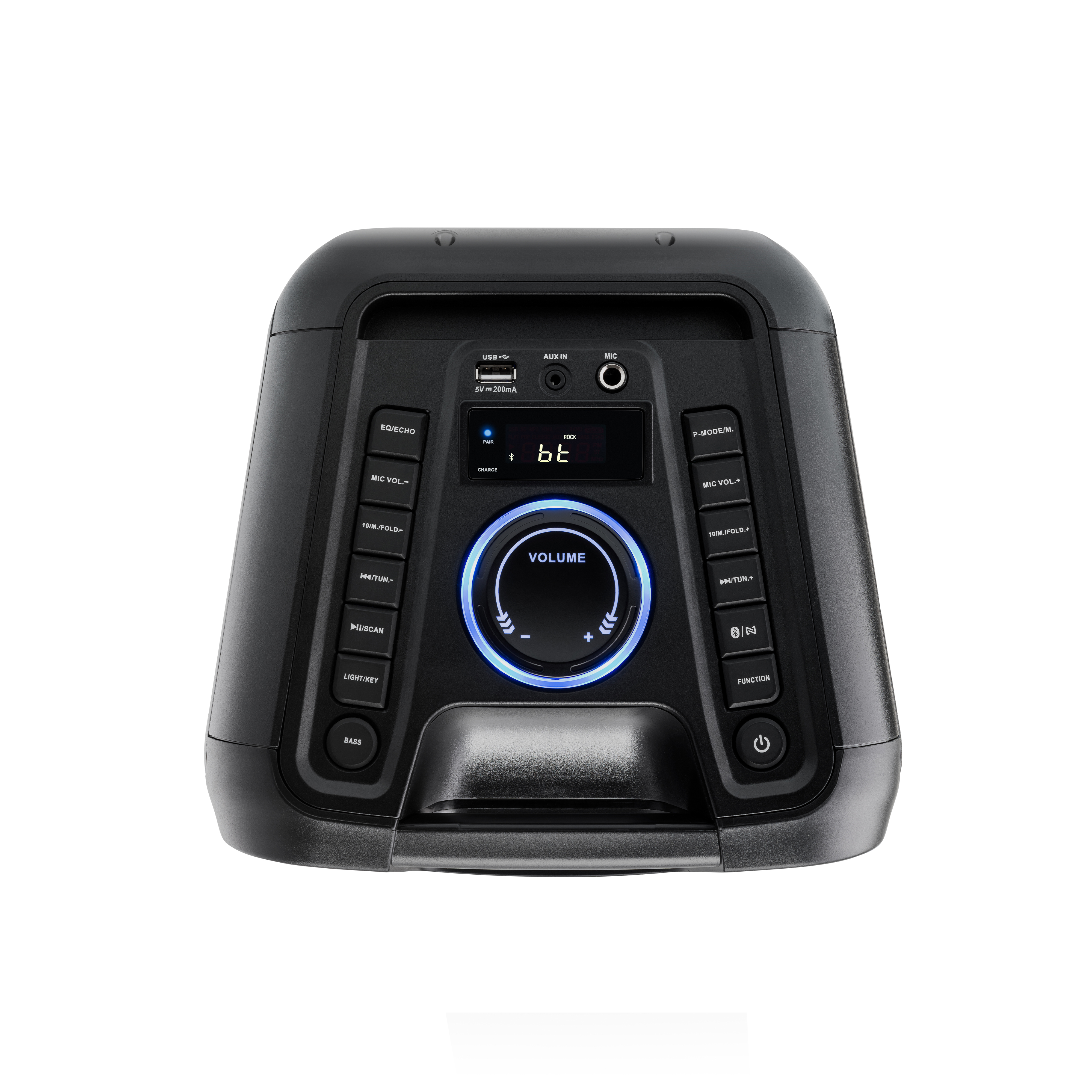 Czarny głośnik z przyciskami, regulacją głośności i cyfrowym wyświetlaczem z napisem 'bt'. Górna część ma wejścia USB, AUX i MIC.