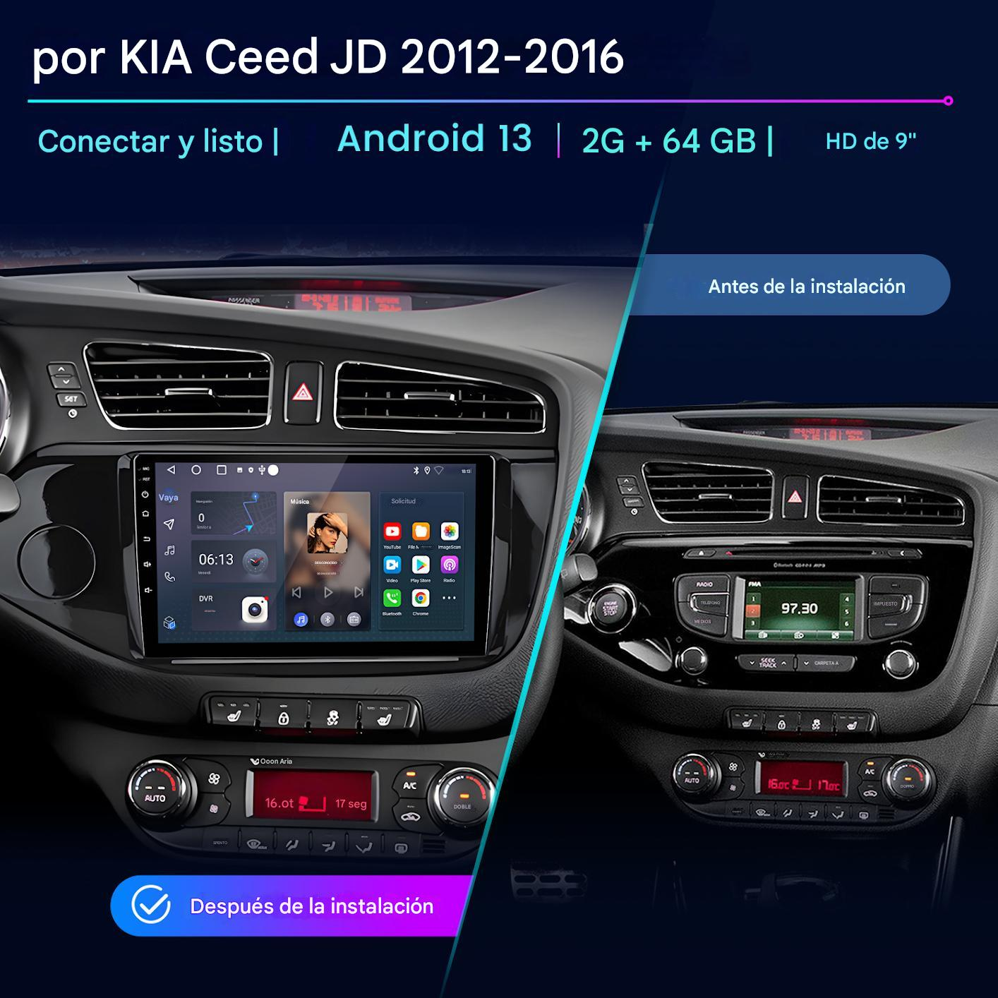 Panel del automóvil que muestra antes y después de la instalación de un sistema Android 13 con pantalla HD de 9 pulgadas.