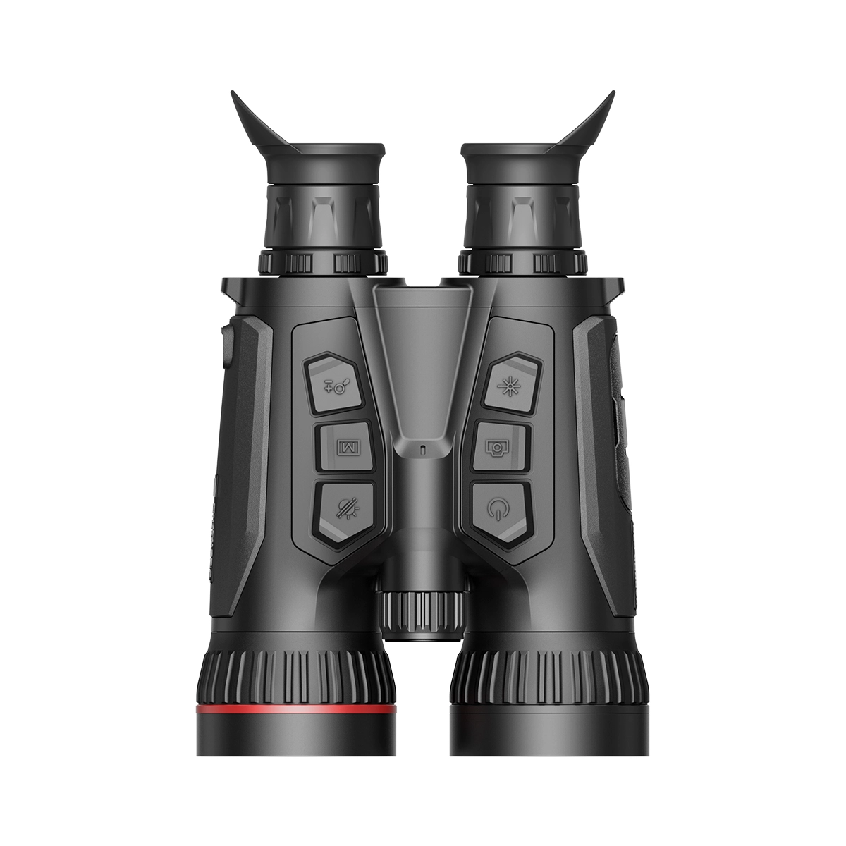Binocolo nero con pulsanti multipli e dettagli rossi. Include oculari regolabili e un meccanismo di messa a fuoco centrale.