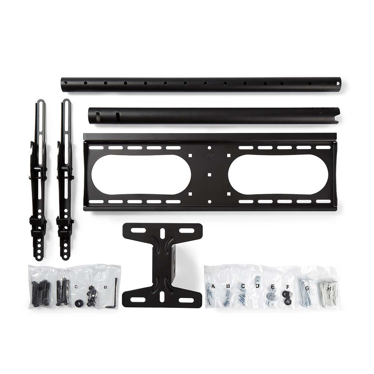 Un kit di montaggio a parete per TV nero su una superficie bianca. Include staffe, barre, viti e altri elementi.