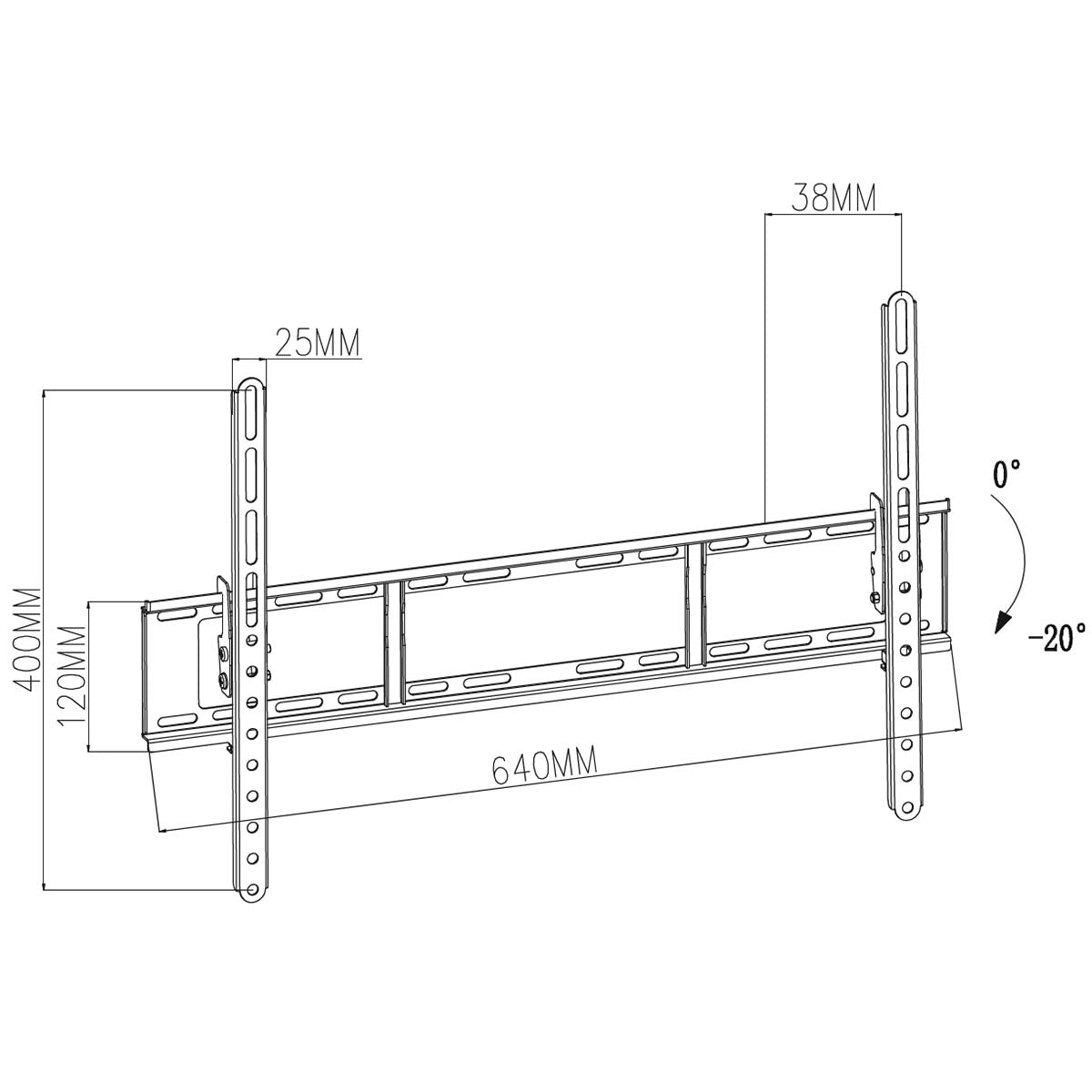 Dessin technique d'un support mural pour TV, indiquant les dimensions en mm. Le support est noir, avec des mesures sur les pièces.