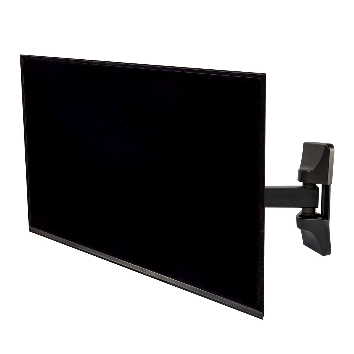 Een grote zwarte flatscreen-tv is gemonteerd op een zwarte, gelede arm tegen een witte achtergrond.