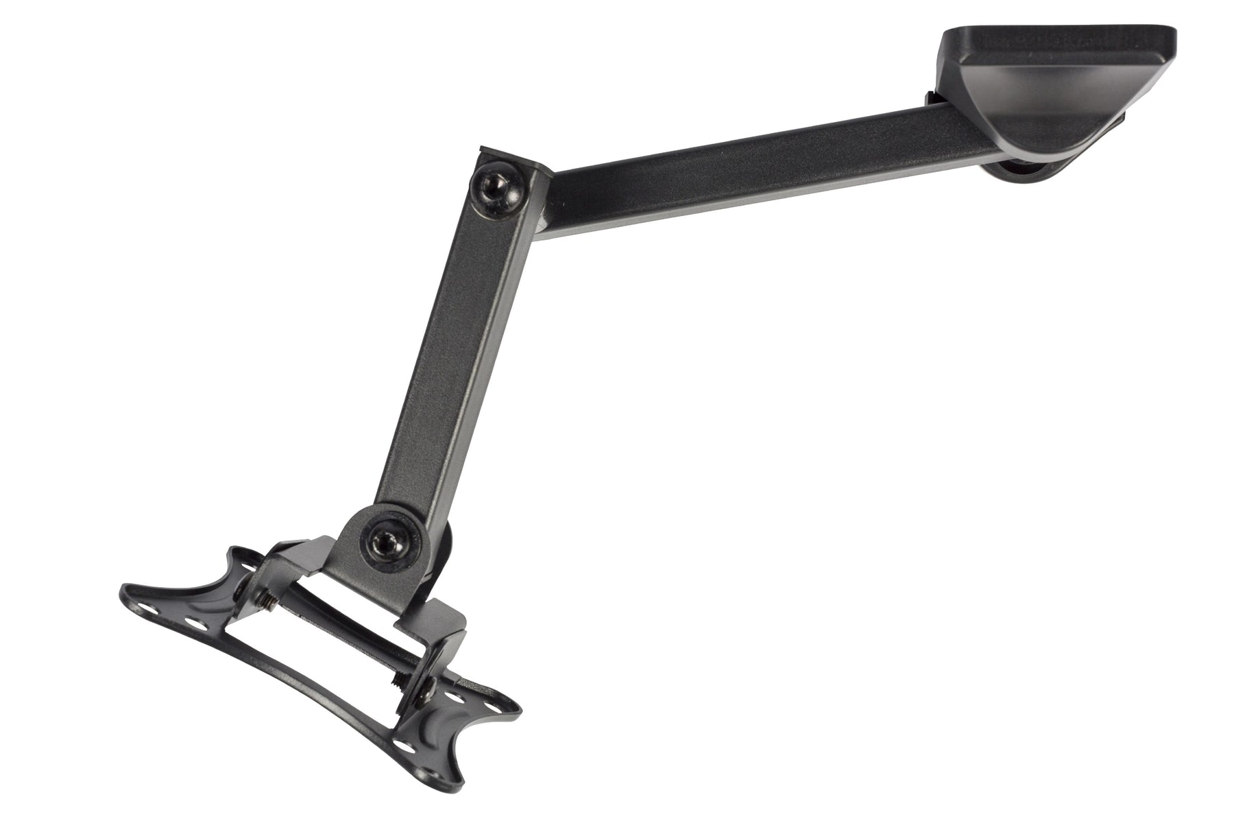 Een donkergrijze, gelede arm voor een monitor, tegen een witte achtergrond. Het heeft meerdere gewrichten en een beugel.