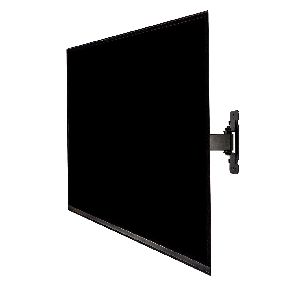 Un grand téléviseur à écran plat noir monté sur un mur blanc avec un support en métal noir. L'écran est éteint.