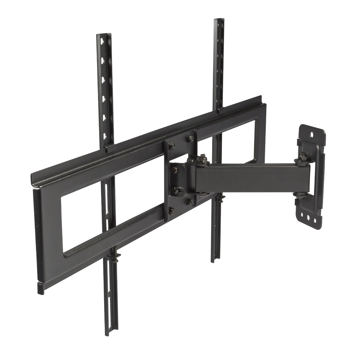 Un support mural TV noir articulé. Il comporte plusieurs bras et supports réglables pour monter un téléviseur. Le fond est blanc.