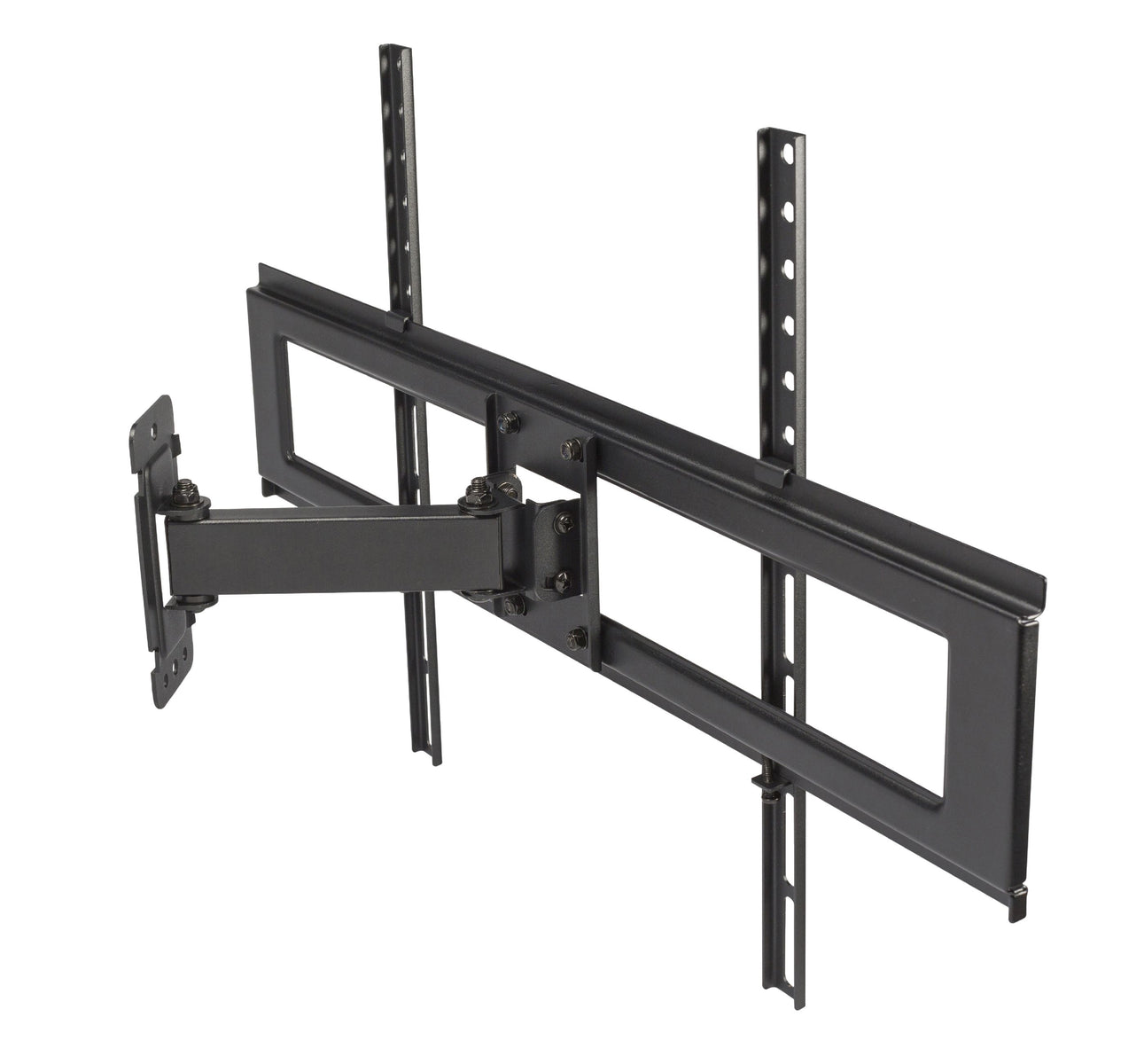 Un support TV noir, composé de supports et de bras métalliques. Il est conçu pour fixer un téléviseur, avec des points de montage.