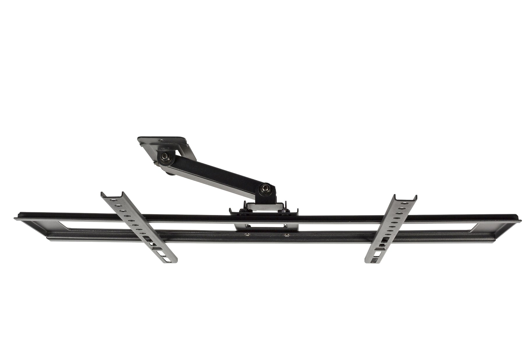 Un support TV noir, suspendu sur fond blanc. Il a un support, un bras et un cadre horizontal pour maintenir un téléviseur.