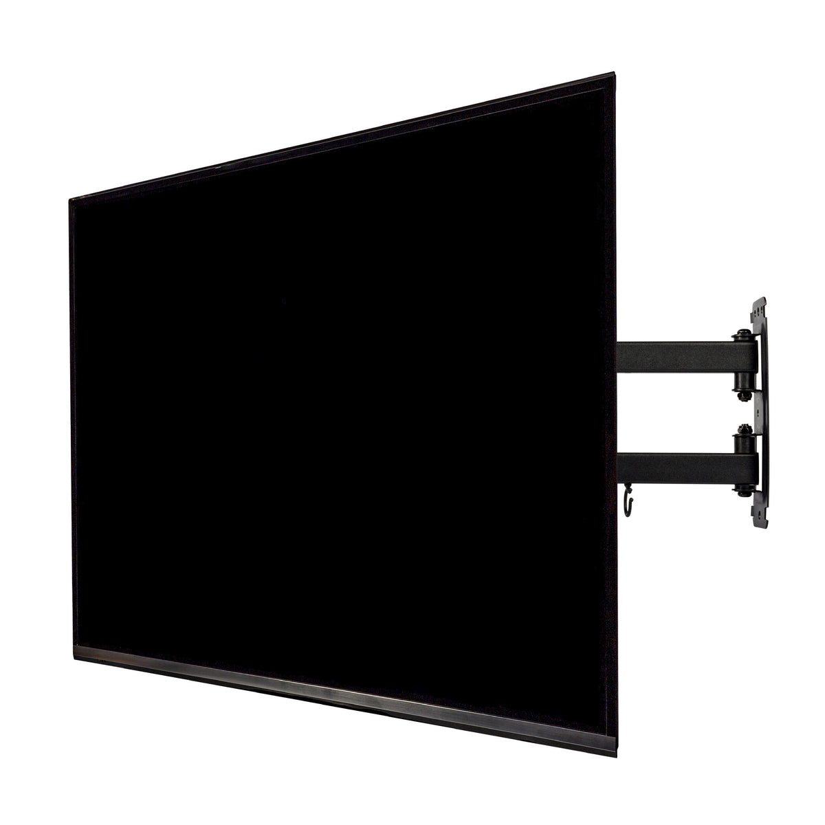Un grand téléviseur à écran plat noir monté sur un mur avec un bras articulé noir. Le fond est blanc.