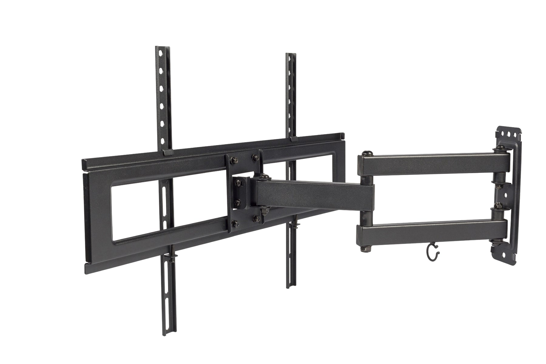 Un support mural TV noir articulé. Il comporte plusieurs bras et supports, avec un cadre rectangulaire. Le fond est blanc.