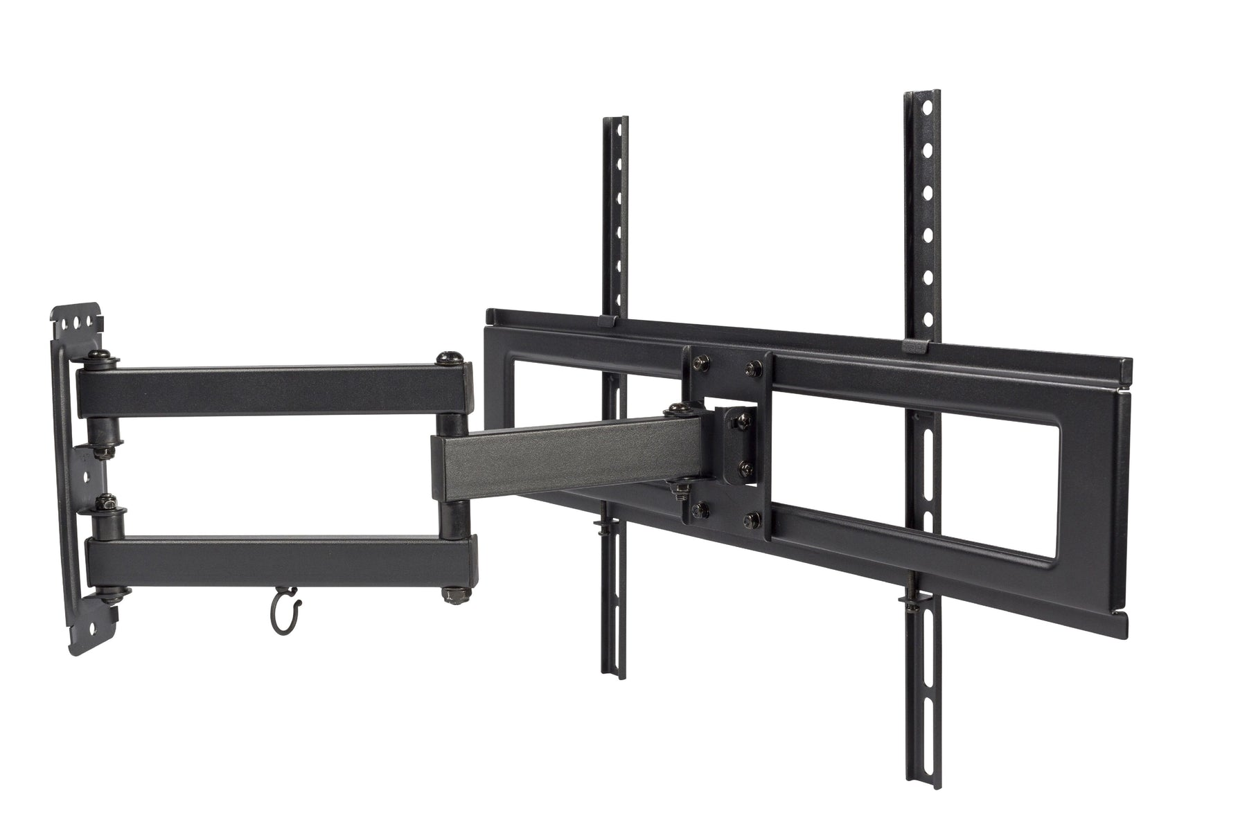 Un support mural TV noir articulé. Il comporte plusieurs bras et supports, avec un crochet au bout d'un bras. Fond blanc.