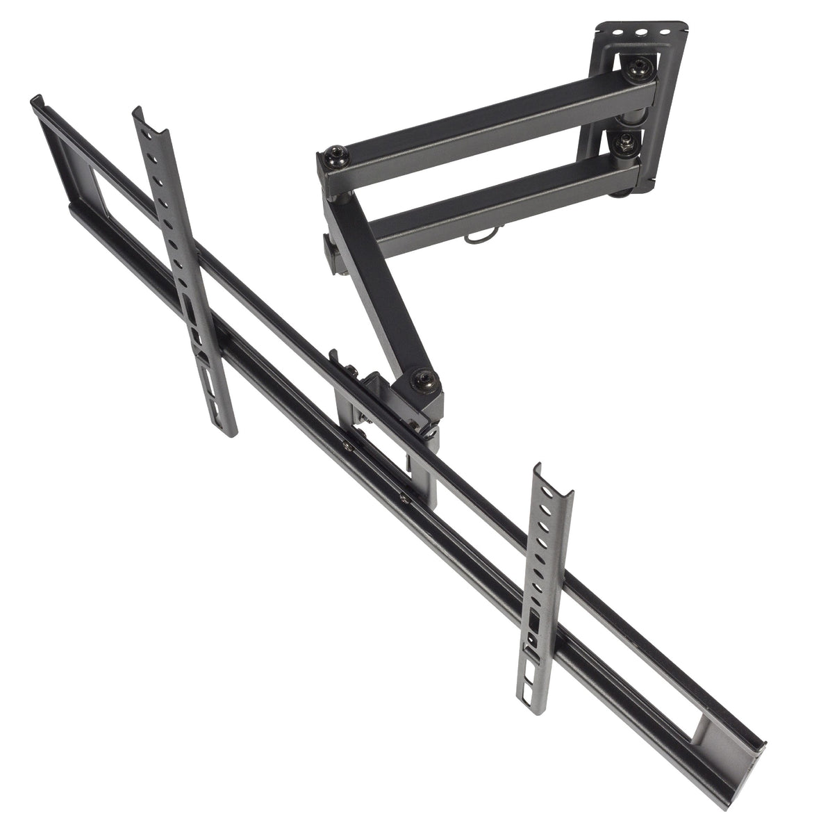 Un support TV noir articulé sur une surface blanche. Il possède des bras et des supports pour fixer un téléviseur.