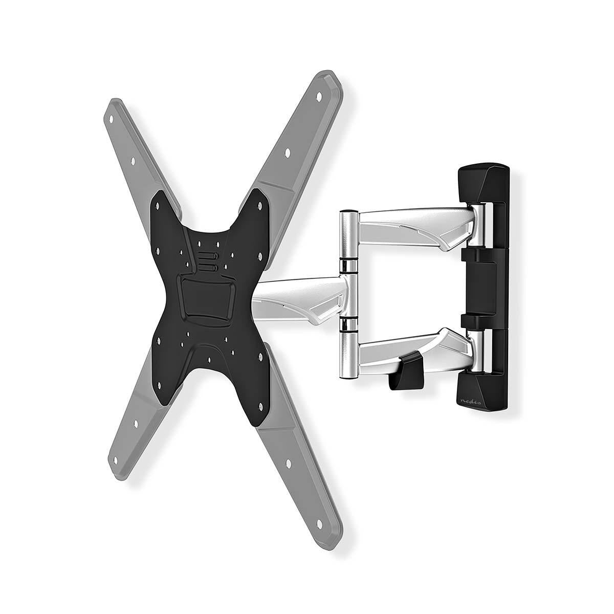 Een tv-muurbeugel met een zwart en zilver ontwerp, met een X-vormige beugel en een scharnierende arm.