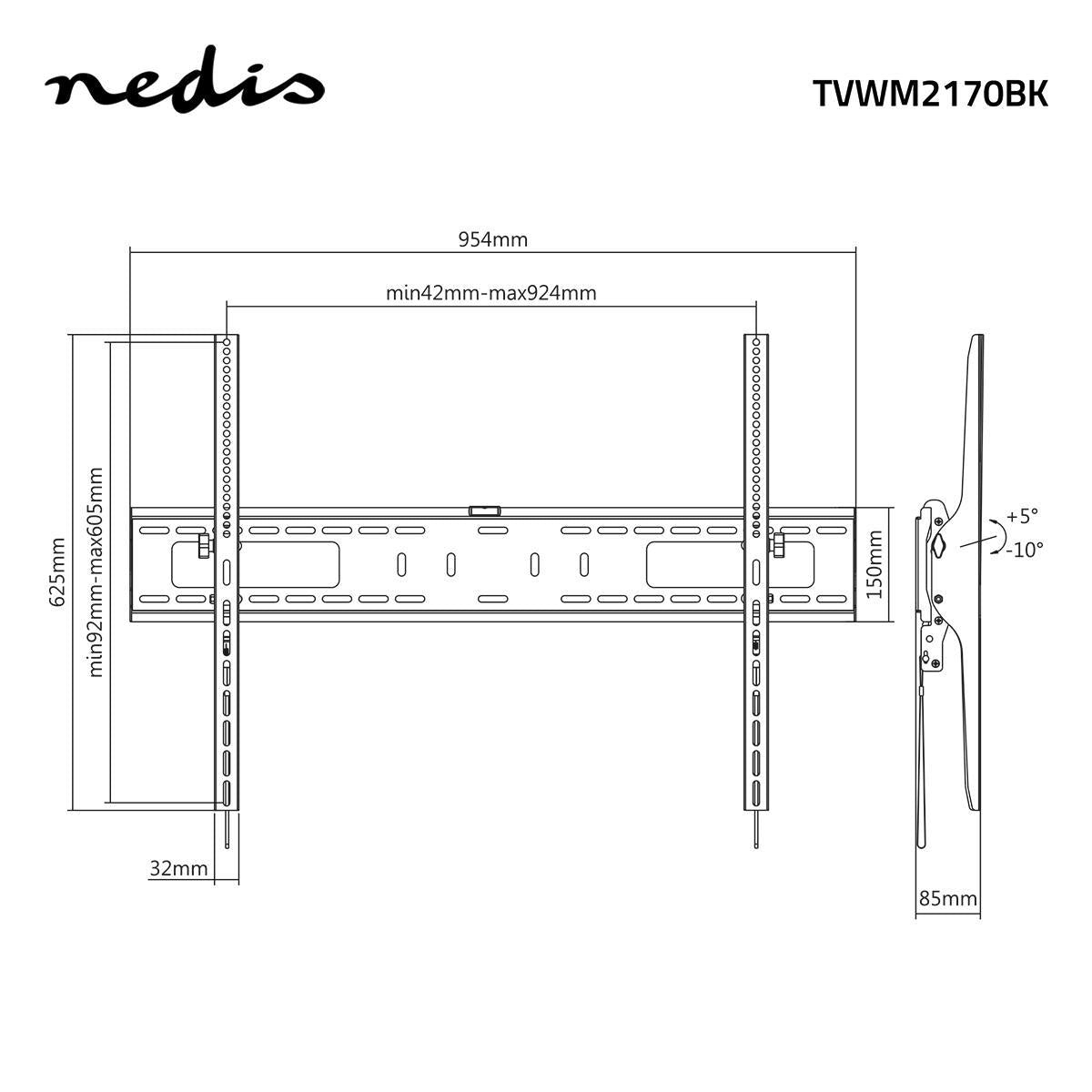 Schéma d'un support mural TV avec dimensions. Contient des mesures en mm, des angles et le logo Nedis.