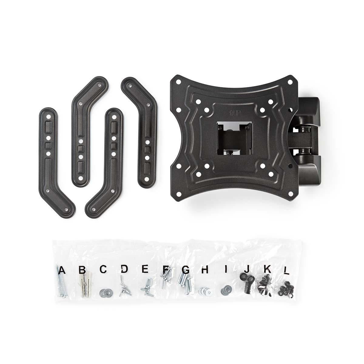 Un kit de fixation murale pour téléviseur avec supports métalliques, vis et une plaque de montage. Les articles sont étiquetés de A à L. Le fond est blanc.