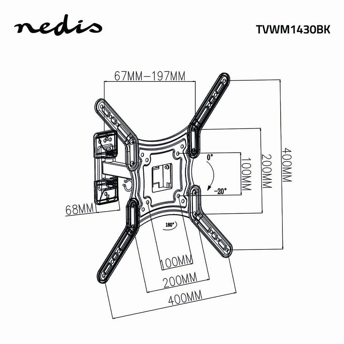 Diagramme d'un support mural TV noir avec mesures et angles. Le logo Nedis est en haut à gauche.