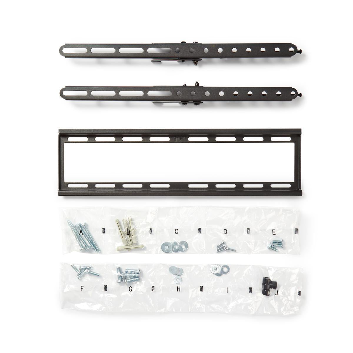 Kit de fixation murale TV avec supports métalliques, vis, boulons et rondelles, pièces étiquetées de A à J, le tout sur fond blanc.