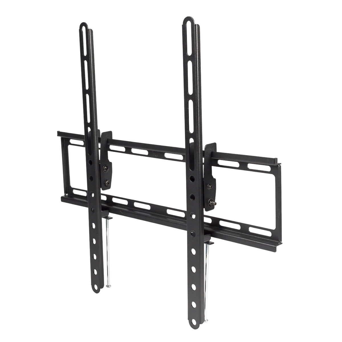 Un support mural de téléviseur en métal noir, avec deux rails verticaux et des supports horizontaux. Des boulons argentés sont visibles, sur fond blanc.