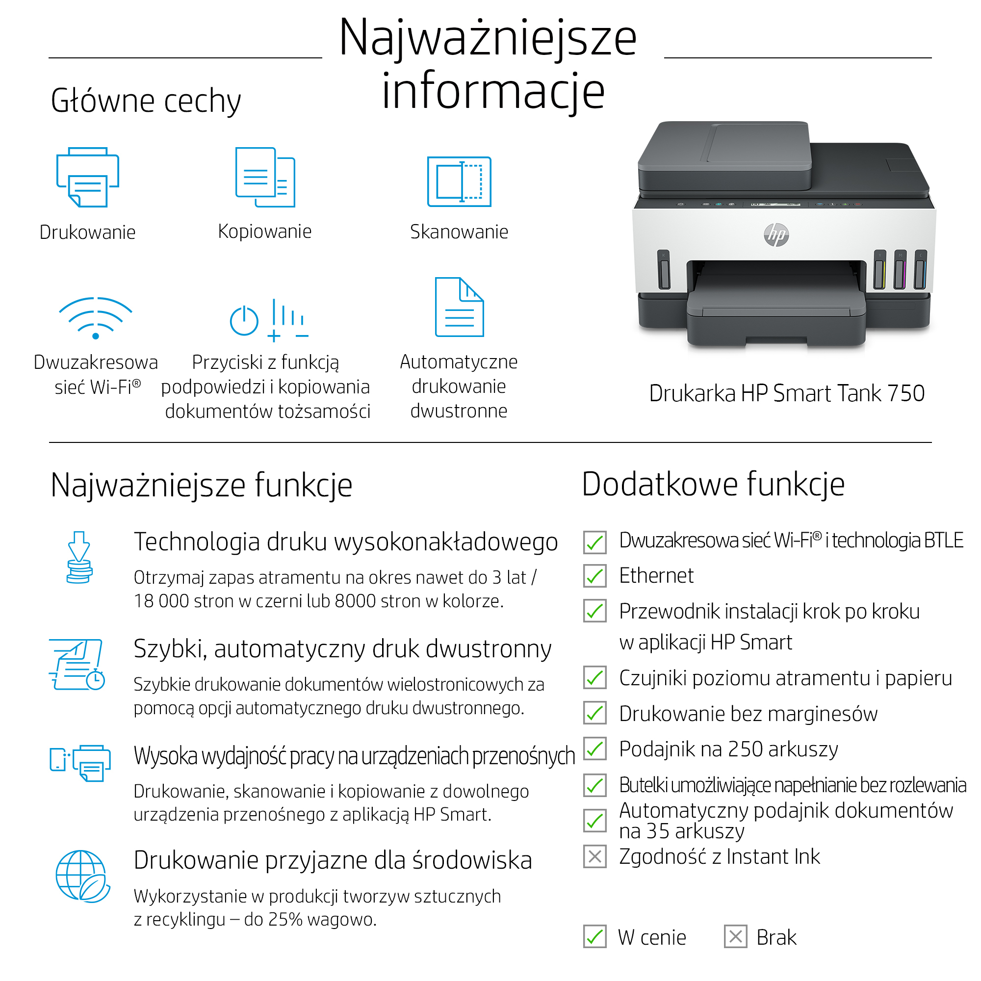 Una impresora HP Smart Tank 750 con funciones como impresión, copia y escaneo. Tiene Wi-Fi e impresión dúplex automática.