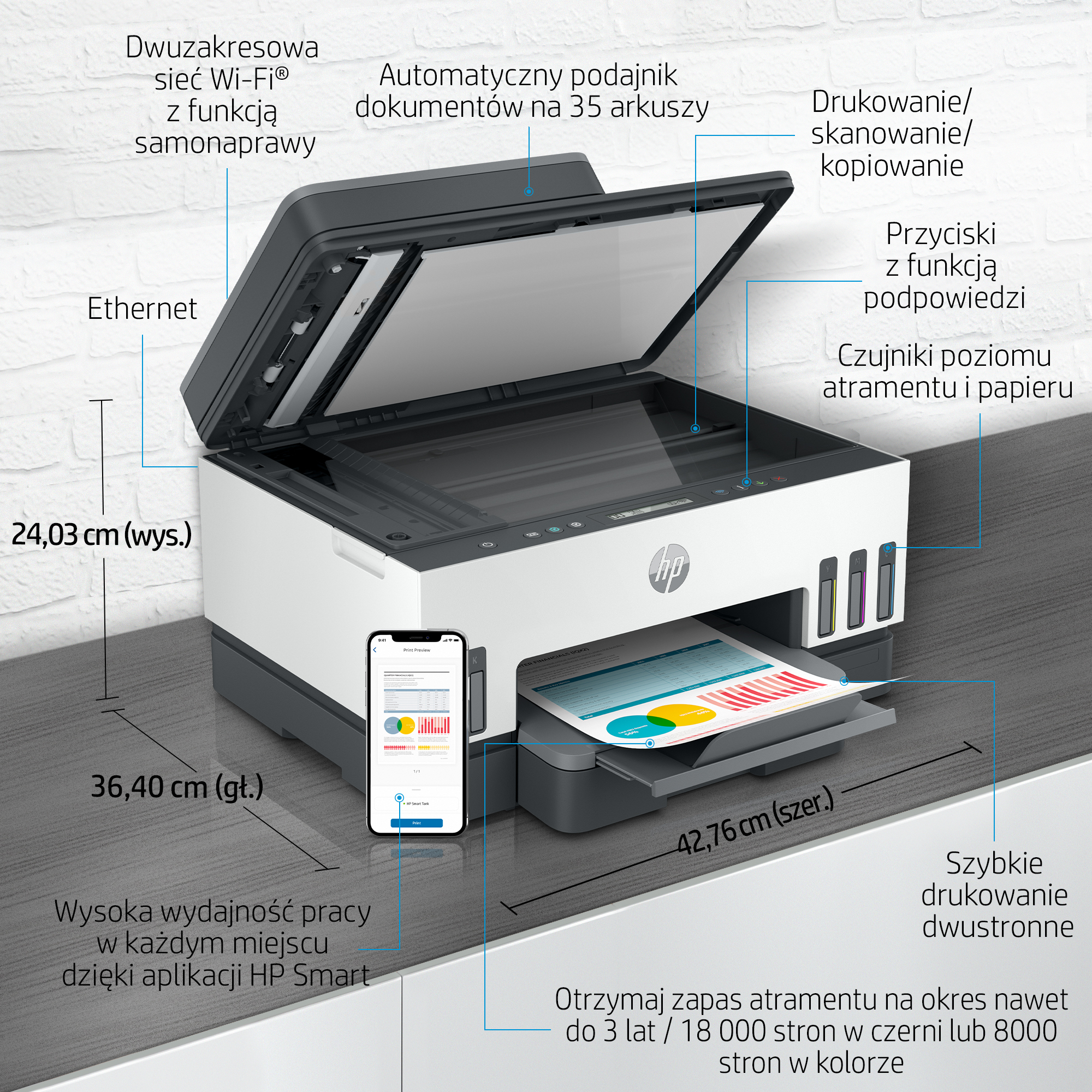 Una impresora HP blanca y negra con alimentador de documentos, panel de control y un teléfono mostrando vista previa.