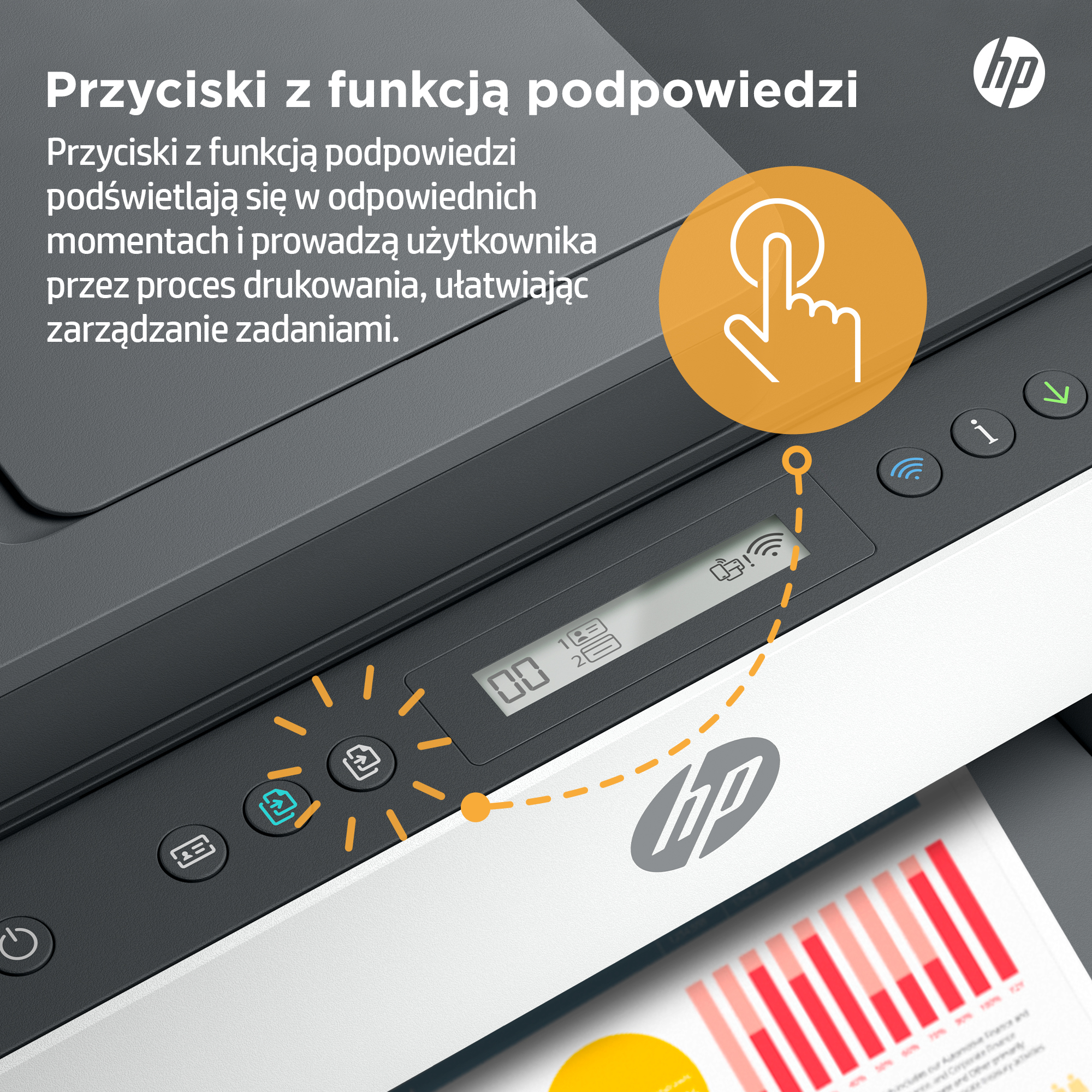 Primer plano de una impresora HP, con botones y una pantalla táctil. Un dedo toca un círculo amarillo.