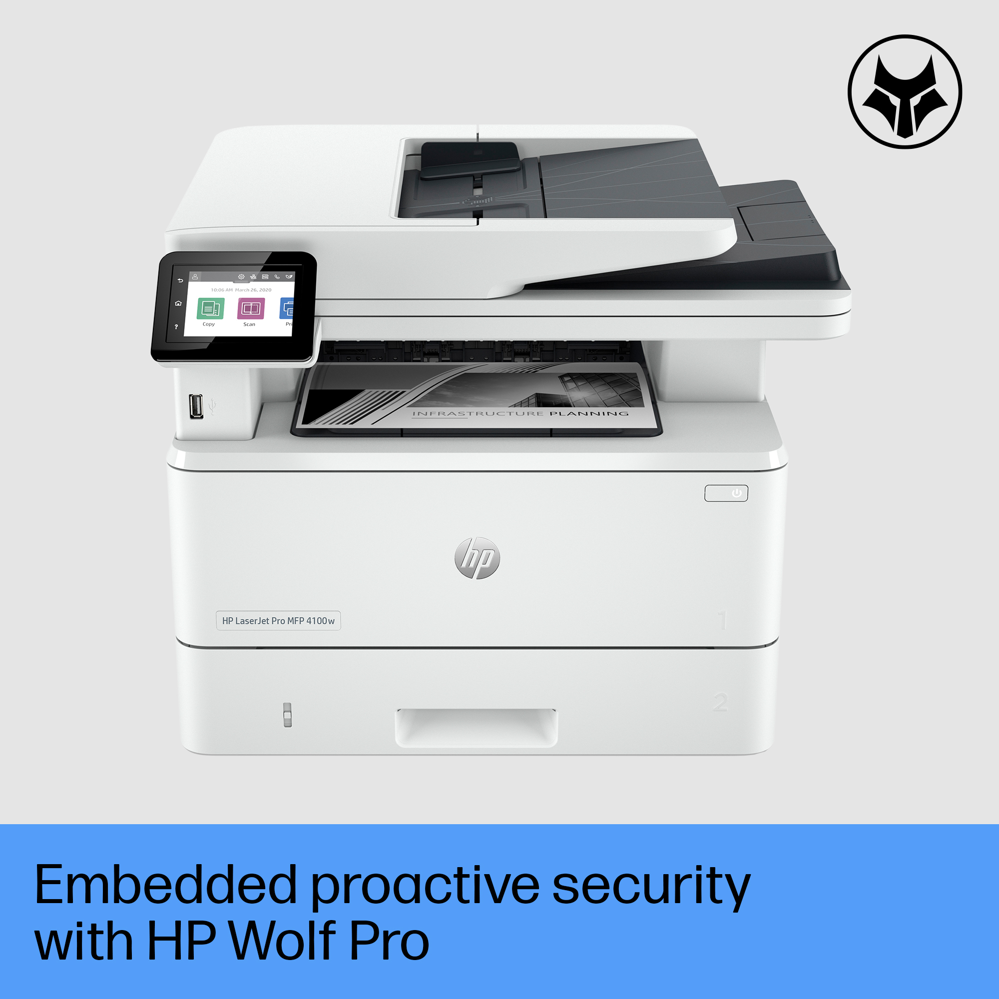 Una impresora HP LaserJet Pro MFP 4100w blanca con pantalla táctil. Un documento titulado "INFRASTRUCTURE PLANNING" en su interior.
