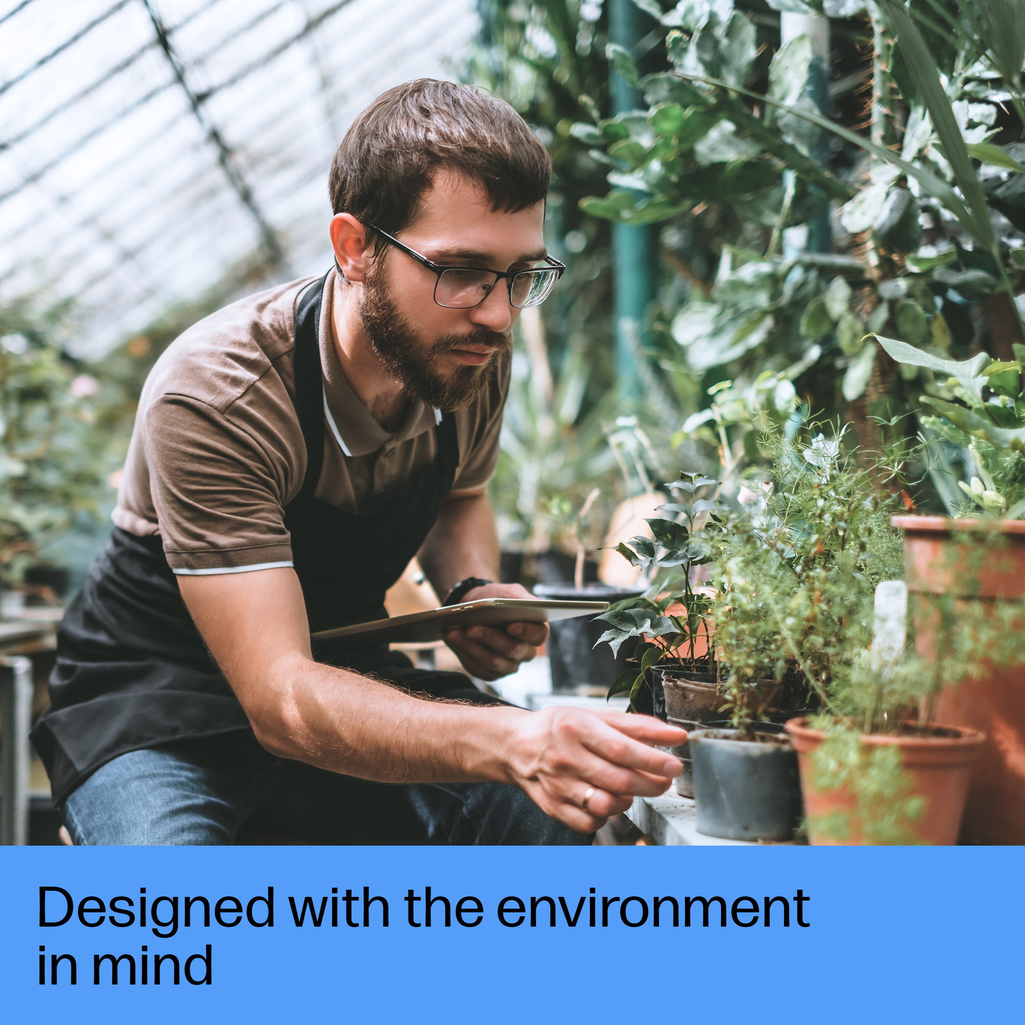 Mężczyzna w okularach i fartuchu pielęgnuje rośliny w szklarni. Widać różne rośliny doniczkowe. Tło jest rozmyte.