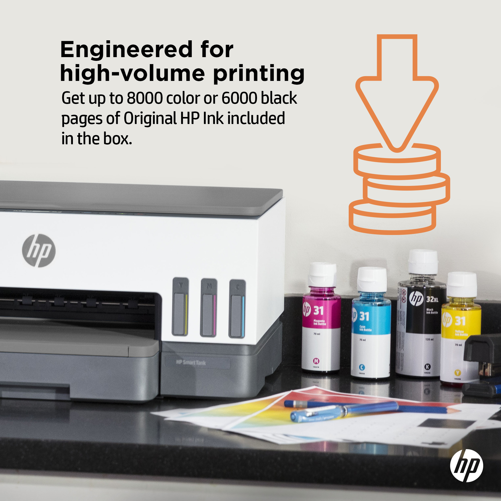 HP-Drucker mit Tintenflaschen. Enthält magenta-, cyan-, schwarze und gelbe Tinte. Papiere und ein Stift liegen auf dem Tisch.