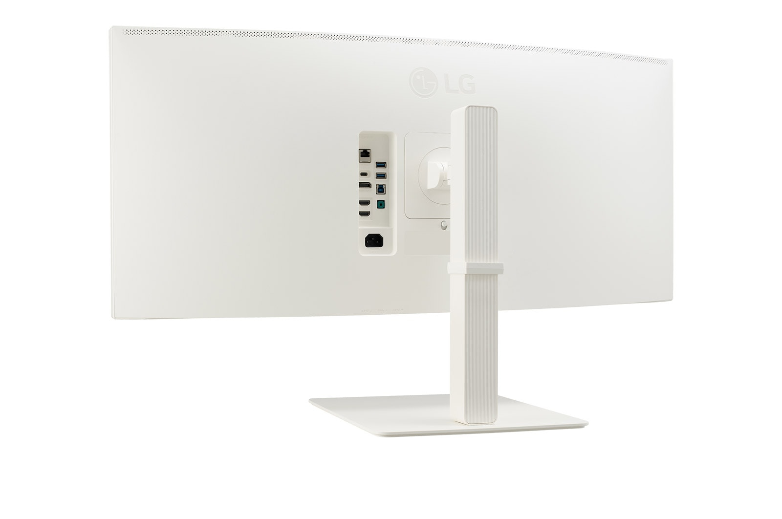 Widok z tyłu białego monitora LG. Ma podstawę, porty i logo LG. Tło jest białe.