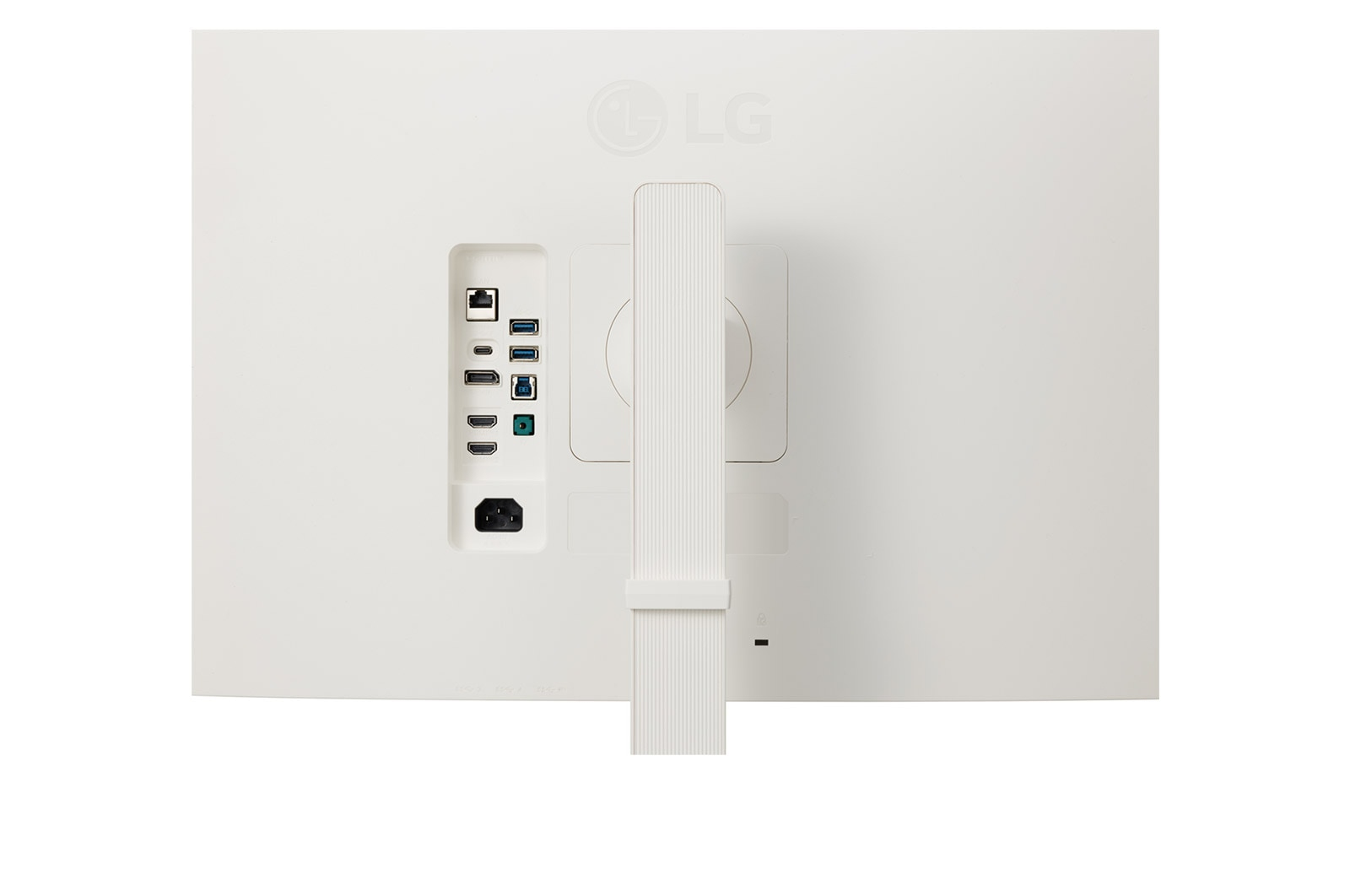 Widok z tyłu białego monitora LG. Porty to HDMI, USB i zasilanie. Dołączony biały stojak.