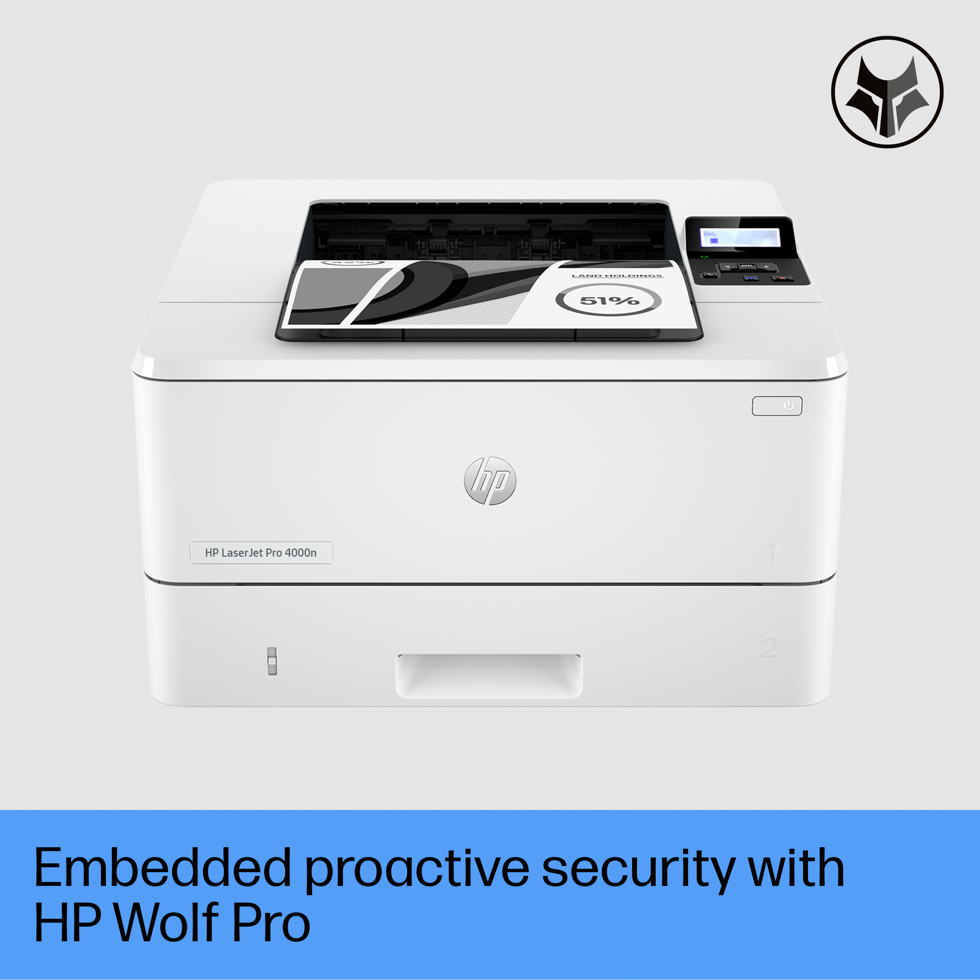 Stampante HP bianca con documento che mostra il 51% e 'Land Holdings'. 'HP LaserJet Pro 4000n' è stampato.