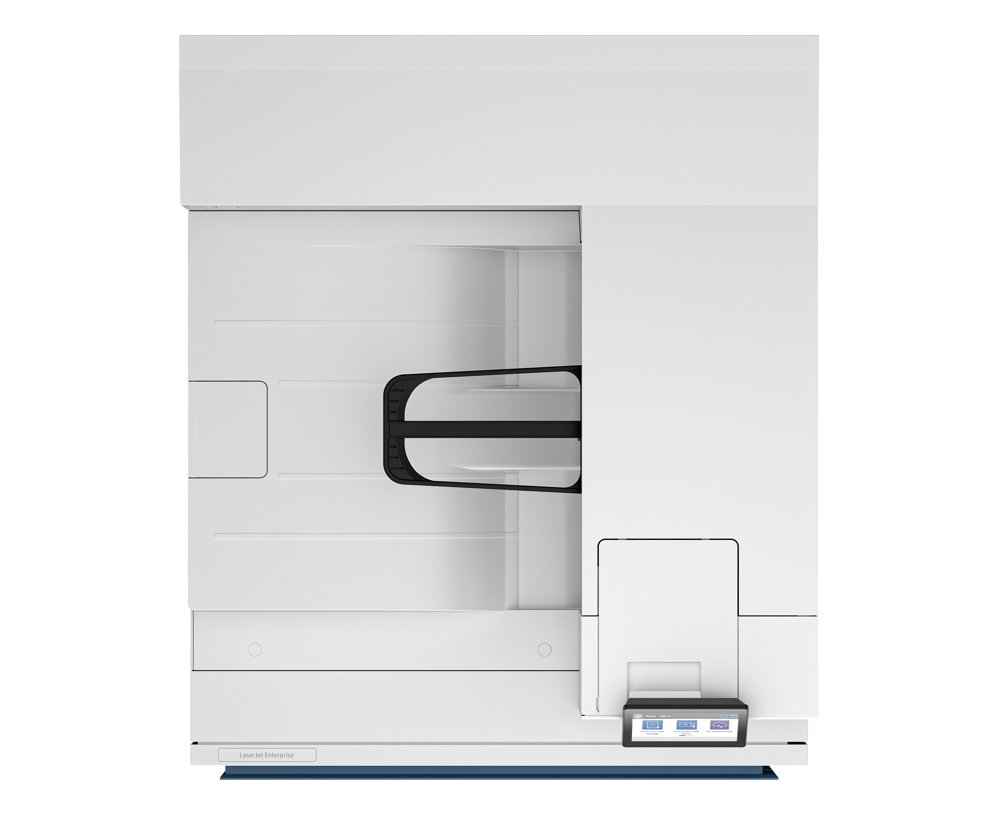 Gezeigt wird ein weißer Drucker mit einem schwarzen Griff. Es hat einen kleinen Bildschirm und die Worte LaserJet Enterprise.