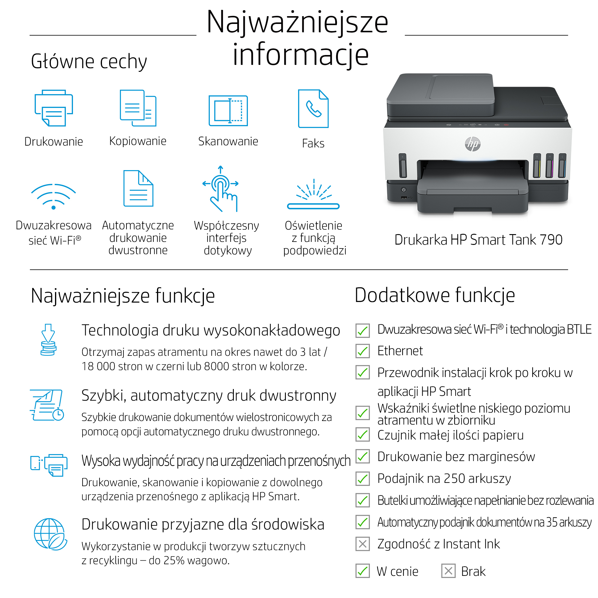 An HP Smart Tank 790 printer is displayed with features like printing, scanning, and Wi-Fi. Text and icons are present.