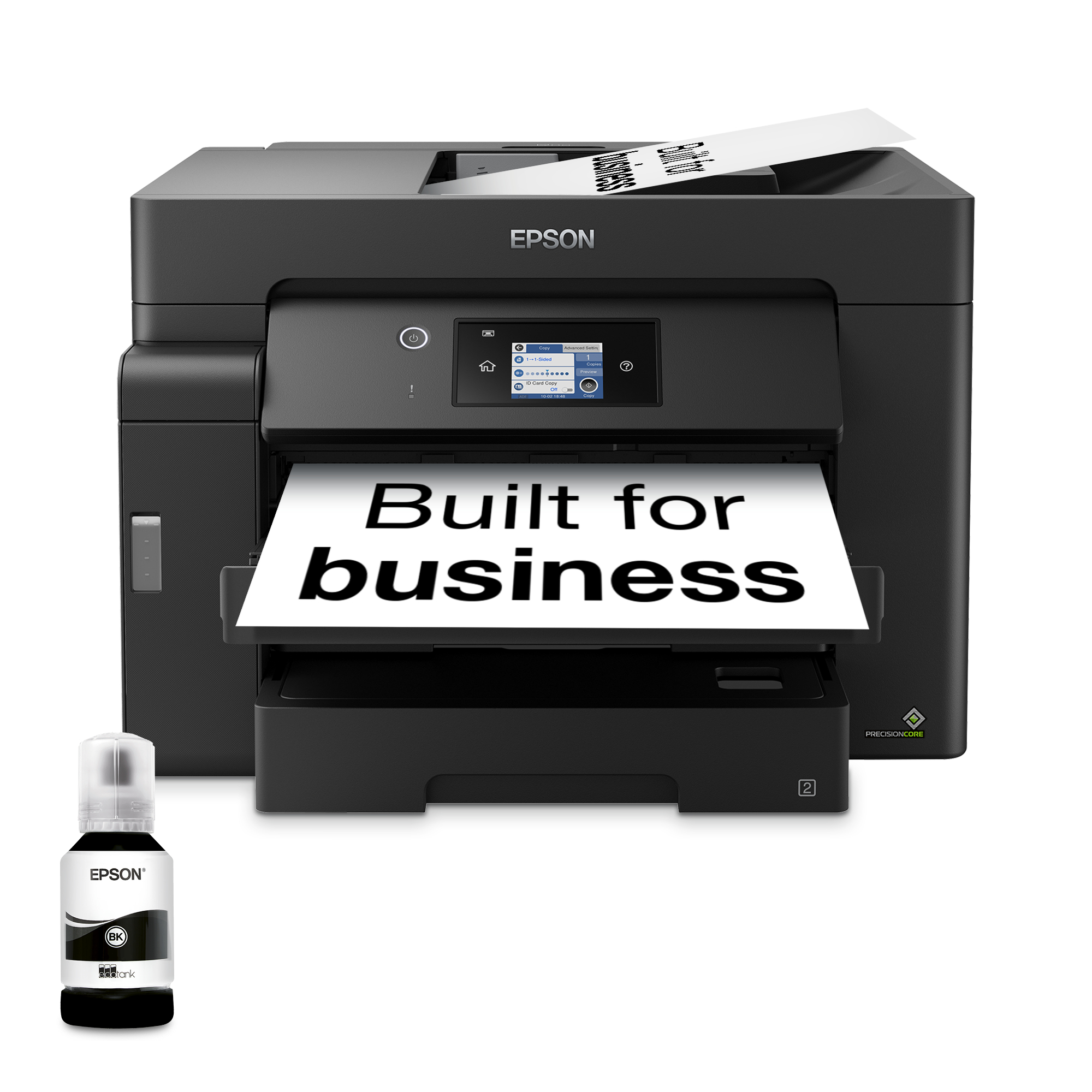 Czarna drukarka Epson z papierem z napisem 'Built for business'. Dodatkowo czarna butelka z tuszem.