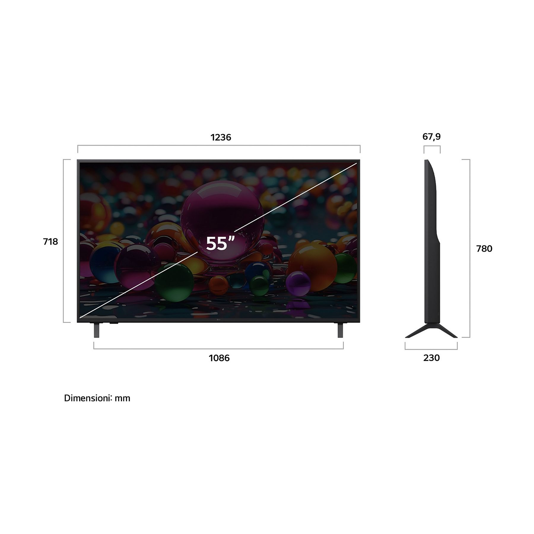 Una TV da 55 pollici con dimensioni indicate. Lo schermo mostra sfere colorate. Vista laterale mostra spessore e supporto.