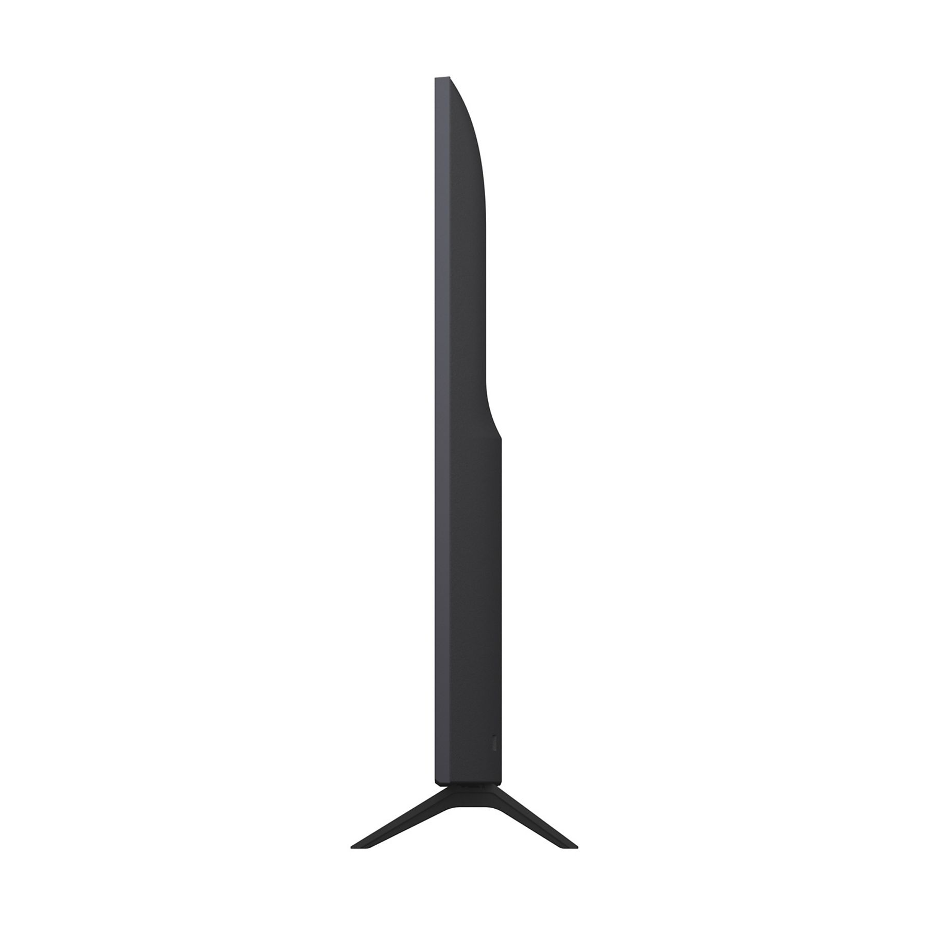 Vista laterale di una TV nera ed elegante su sfondo bianco. Ha una cornice sottile e un supporto.