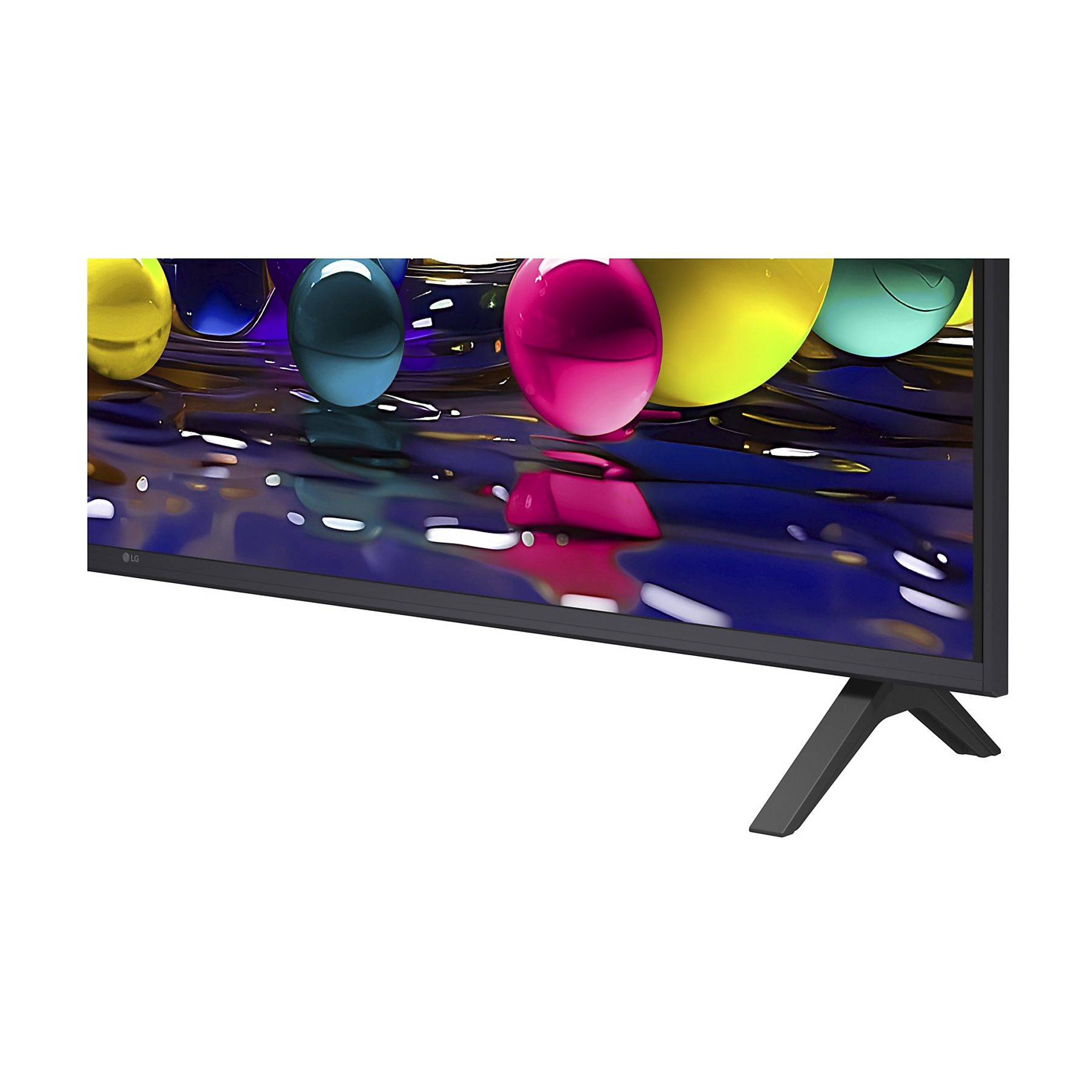 Schermo TV con sfere colorate, cornice e supporto neri. Lo schermo mostra arte astratta con sfere gialle, blu e rosa.