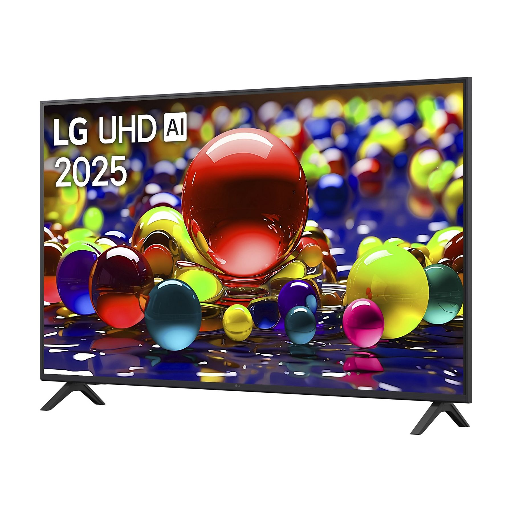 La TV LG UHD AI 2025 mostra sfere colorate. Ha cornice e supporto neri. Lo sfondo è sfere sfocate di vari colori.